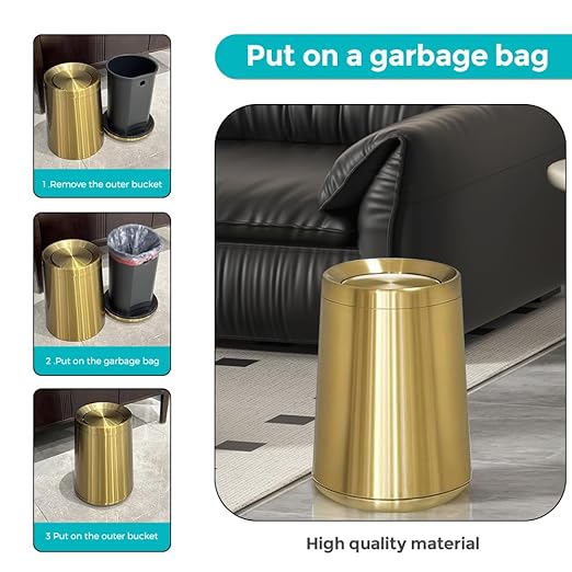 8L / 2.1Gal Gold Brushed Stainless Steel Trash Can with Swing Cover,Gold Bathroom Trash can ，Decorative Garbage Can for Bathroom, Living Room, BedroomOffice, Hotel, RV (32A gold-8L)