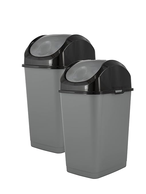 Superio Small 2.5 Gallon Plastic Trash Can with Swing Top Lid, Compact Slim Waste Bin for Under Desk, Office, Bedroom, Bathroom, Dorm Room, 10 Qt. Portable Garbage Can (Grey/Black, 2 Pack)