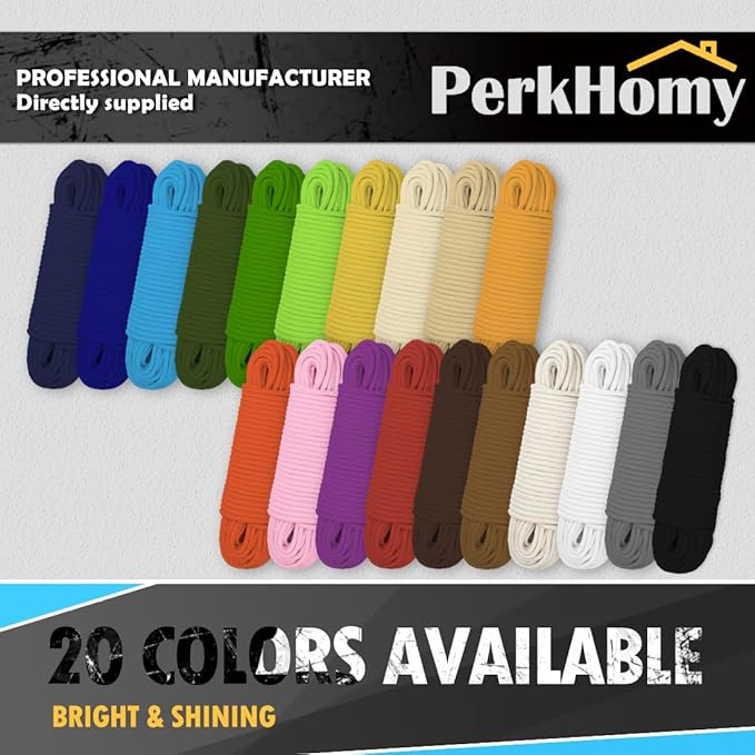 PerkHomy 100 ft 3/16" (5mm) Cotton Rope Multi Purpose Utility Diamond Braided Cord, Natural Cotton for Clothes Line Camping Crafting Flag Pole, Natural White