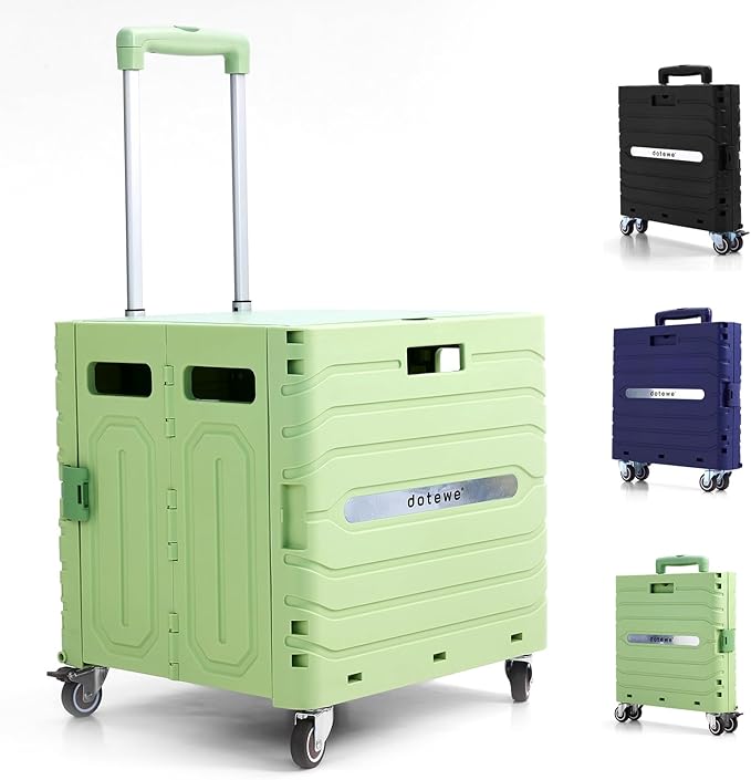 Folding Utility Cart Portable Rolling Crate Handcart Foldable Shopping Trolley Collapsible, with Lid, on Wheels, for Grocery, Garden, Office, Storage, Teacher, Tool (Green)