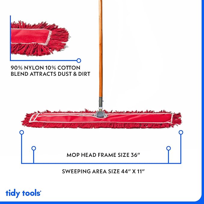 36 Inch Red Commercial Dust Mop & Floor Sweeper – Wood Handle Floor Mop for Tile, Hardwood & Concrete