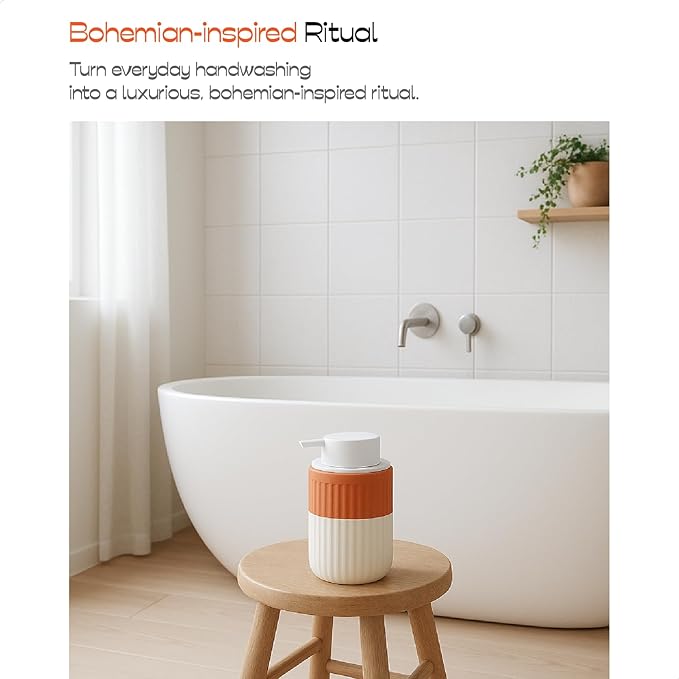 Hand Dipped Terracotta Ceramic Foam Soap Dispenser, 12 oz Rippled Bubble-Up Bottle with White Silicone Pump, Refillable Orange Hand Soap Dispenser for Bathroom