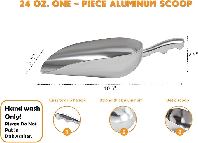 Cast Aluminum Utility Scoop - 24 oz. - Round Bottom, ice scoop For Multi-Purpose Use, With Finger Groove Handle (24 oz.)