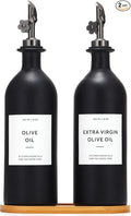 HOMCDALY Olive Oil Dispenser for Kitchen, 16oz Glass Oil Bottles with Bamboo Tray, Black Oil&Vinegar Cruet Set, Kitchen Dispenser Bottles with Pourer | Set of 2 (16oz – Black)