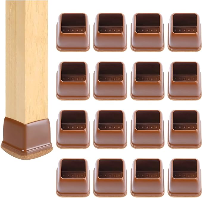 Ezprotekt 24 Pcs Square Chair Leg Floor Protectors with Felt, Silicone Felt Furniture Pads Cups for Hardwood Floor, Dining Table Leg Caps Covers No Scratches (L Fit: 1" to 1.4", Brown)