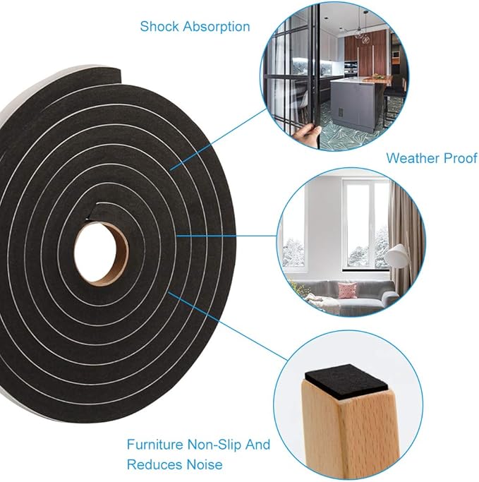 Window Foam Seal Tape 1/2Inch Wide X 1/2Inch Thick, High Density Self Adhesive Weather Stripping Insulation Door Foam Tape,10 Feet Long