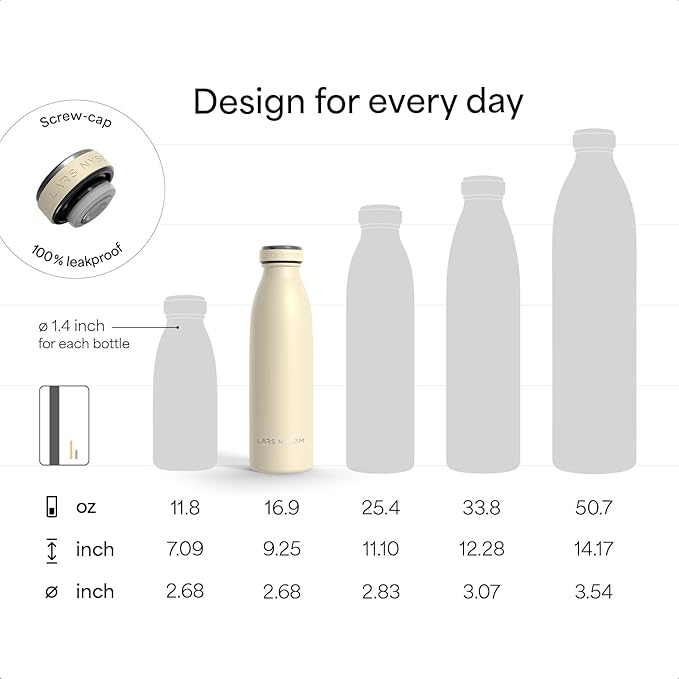 LARS NYSØM Stainless Steel Insulated Water Bottle 12oz 17oz 25oz 34oz 51oz | Insulated Thermo Flask for Hot and Cold Beverages | Leakproof Drinking Bottle (Calypso Blue, 17oz)