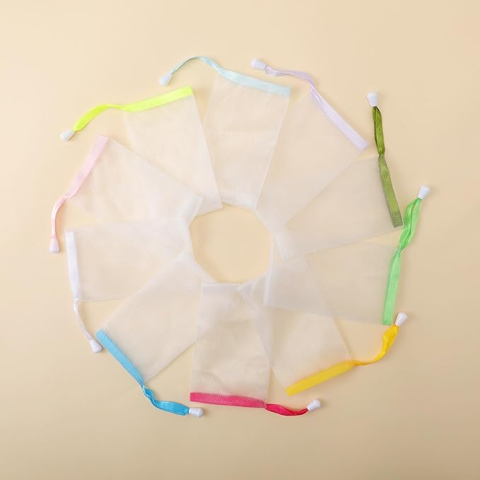 Sunnyray 50 Pcs 10 Colors Soap Bag Soft Handmade Soap Bubble Mesh Bags Exfoliating Mesh Pouch with Drawstring for Foaming and Drying for Shower Body Facial Cleaning Tool