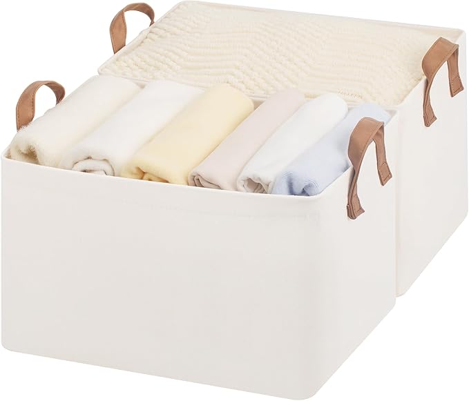 StorageWorks Storage Bins, Shelves Baskets for Organizing, Large Fabric Closet Organizers with Handles, Metal Frame, Natural Color, 2-Pack