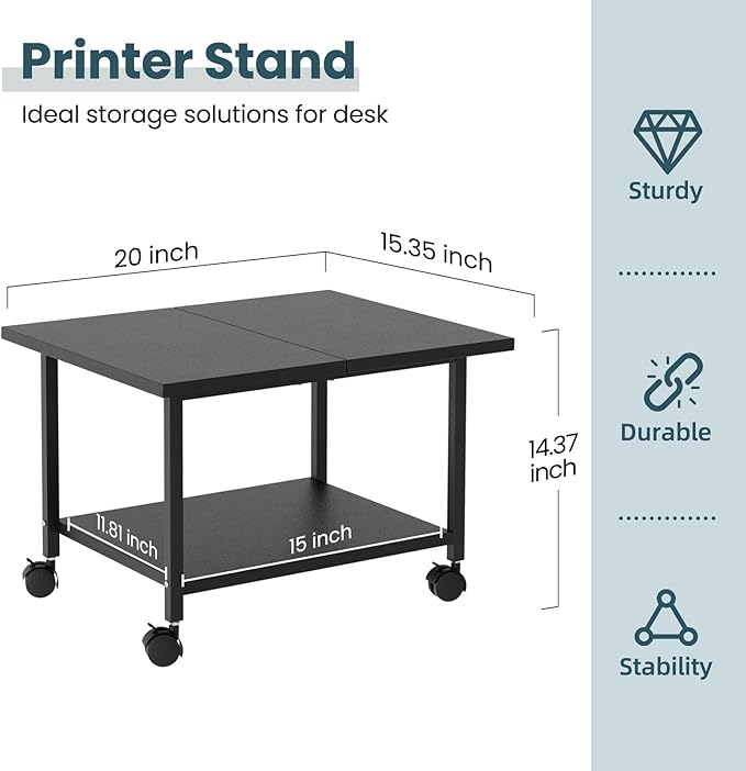 Printer Stand with Storage Under Desk Shelf, Desktop Printer Stand Organizer, Rolling Printer Cart Storage Paper Files Holder for Desk, Office, Home, (Black)