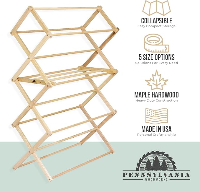 Pennsylvania Woodworks Clothes Drying Rack: Solid Maple Hardwood Laundry Rack for Bedding, Blankets, Towels & More, Heavy Duty, Folding Drying Rack Made in USA, No Assembly Needed, Extra Large