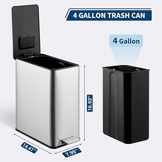 15 L Kitchen Step Trash Can, 4 Gallon Narrow Stainless Steel Waste Bin with Soft-Close Lid, Rectangle Rubbish Bin with Removable Inner Bucket for Bathroom, Dining Room, Living Room