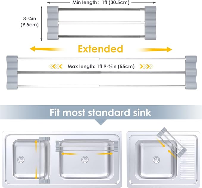 Tomorotec Adjustable Over-The-Sink Kitchen Rack for Dishcloths, Sponges, Bottles and Brushes - Heat-Resistant Stainless Steel with Slim, Expandable Design and Multifunctional Silicone Holder