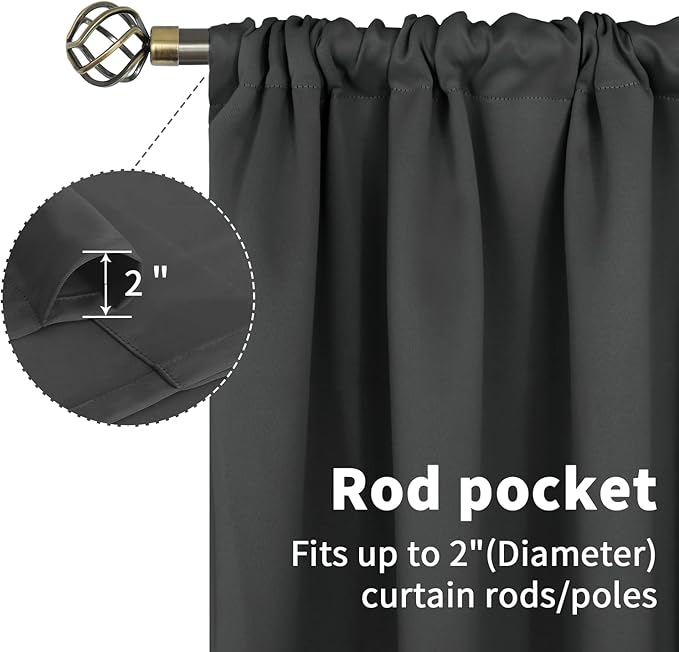 BGment Blackout Curtains for Bedroom 54 Inches Long - Rod Pocket Thermal Insulated Room Darkening Curtain for Living Room, 52 x 54 Inch, 2 Panels, Dark Grey