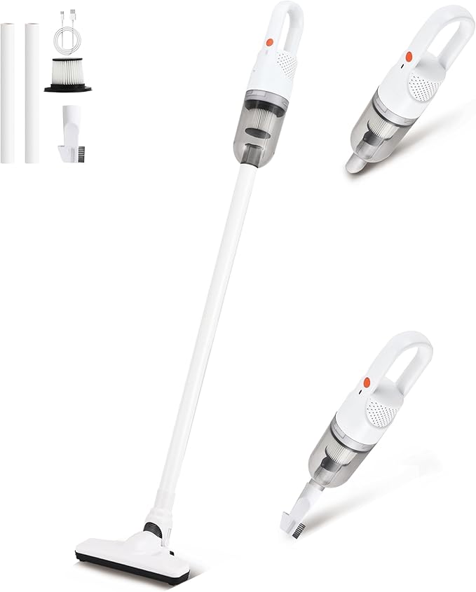 6-in-1 Lightweight Stick Vacuum Cleaner with 100W Powerful Motor, Mini Portable Household Handheld Vacuum Cleaner for Domestic Hard Floors, Carpets and Pet Hair (White Cordless Without Plug)