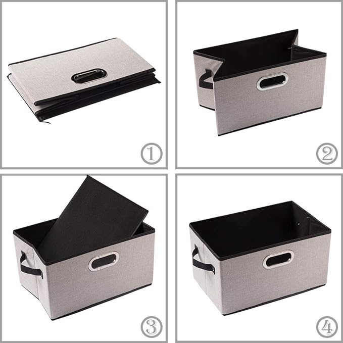 PRANDOM Large Fodable Storage Bins for Closet [5-pack] Decorative Linen Fabric Storage Bins Cubes with Leather/Metal Handles for Shelves Bedroom Living Room Light Grey (14.9x9.8x8.3 Inch)