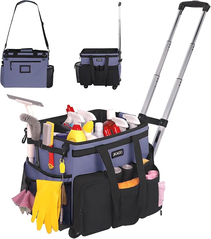 Large Rolling Cleaning Caddy Bag with Detachable Trolley, Waterproof Cleaning Caddy on Wheels for Housekeepers, Cleaning Cart Supplies Organizer for Home,Car,Office,Picnic (Denim Blue)(InPatent)