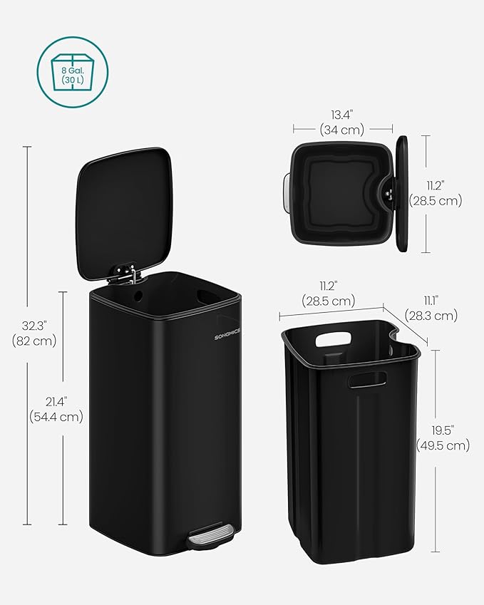 SONGMICS Kitchen Trash Can, 8-Gallon (30 L) Trash Bin, Stainless Steel Garbage Can, with Inner Bucket, Soft Close and Stays Open, Ink Black ULTB593B01