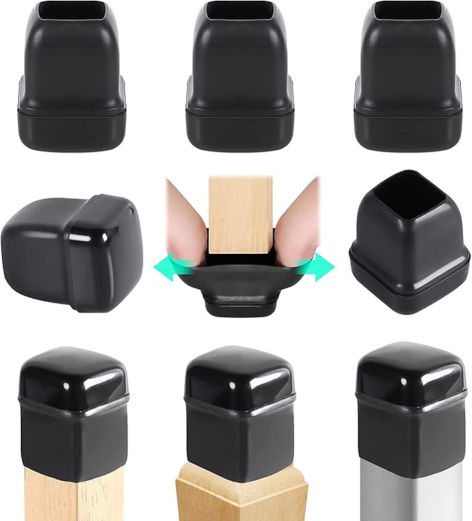 Ezprotekt 24 Pcs Chair Leg Sliders for Carpet, Square Black Teflon Furniture Glides Protectors Covers, Bar Stool Carpet Sliders Caps for Chair Table Desk Couch Legs (S Fit: 0.55"- 0.75")