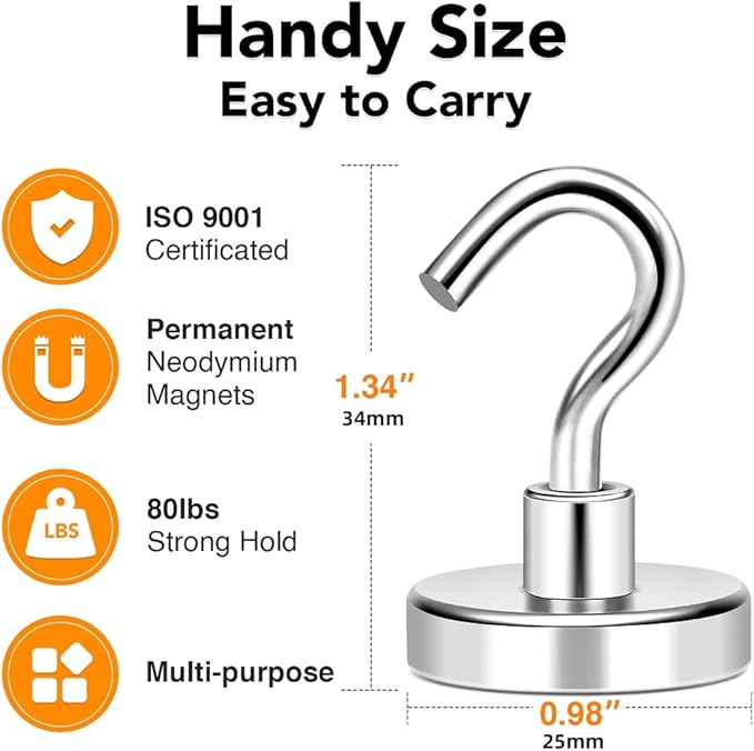 MIKEDE Magnetic Hooks, 80Lbs+ Heavy Duty Magnetic Hooks for Cruise Cabins, Super Neodymium Hanging Hooks Strong Magnets with Hook for Fridge, Magnetic Hanger for Grill, Toolbox, Storage, 4 Pack