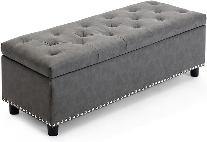 BELLEZE 47" Storage Ottoman, Storage Bench with Safety Close Hinge, Faux Leather Button-Tufted Ottoman for Living Room, Entryway, Hallway, Foot Rest, Support 300lbs - Rustic Gray