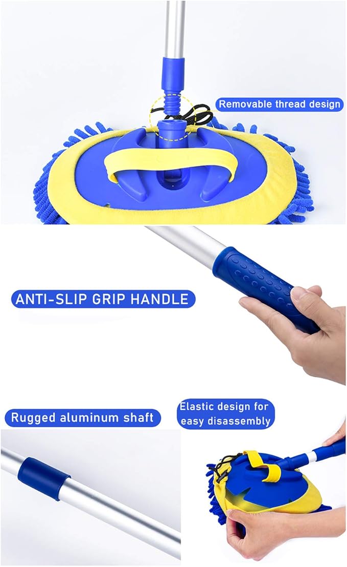47" Car Wash Brush Kit Mitt Mop Sponge with Long Handle Chenille Microfiber Car Cleaning Brush Kit Duster Washing Car Tools Accessories, 1 Chenille Scratch-Free Replacement Head Aluminum Alloy Pole