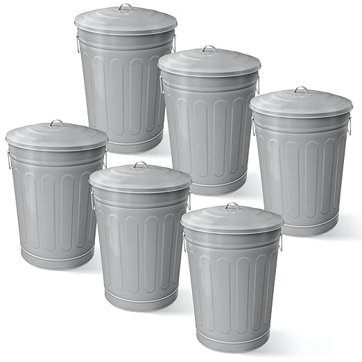 Plexon Round Trash Can 13 Gallon, Vintage Metal Outdoor Trash Can with Lid, Retro Farmhouse Garbage Container, Old School Modern Ash Bucket, Gray 6 Pack