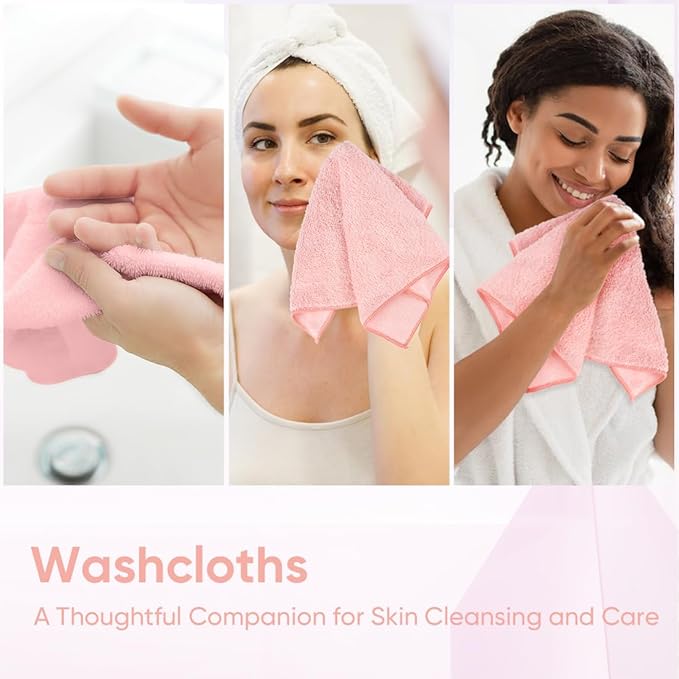 HOMEXCEL Microfiber Washcloths 12 Pack, Highly Absorbent and Soft Face Towel, Multi-Purpose Wash Cloths for Bathroom, Gym, Hotel, Spa and Kitchen, Multicolor 12x12 Inch, Pink