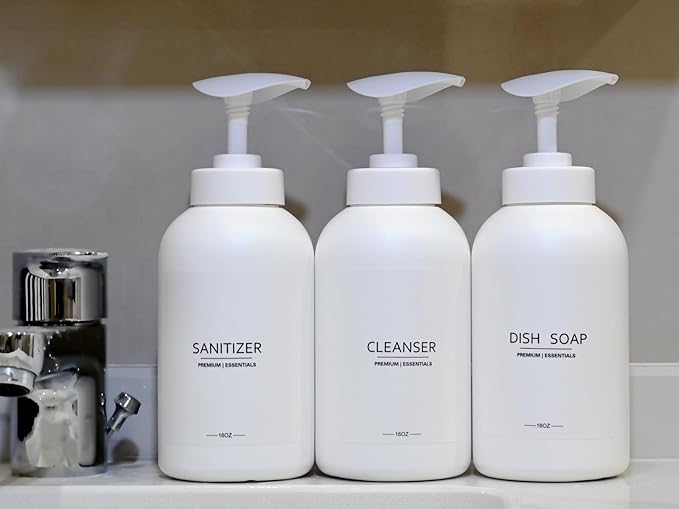Frosted Pearl White Shampoo and Conditioner Bottles, Refillable Apothecary Dispenser Pump for Shampoo, Sanitizer, Lotion, Oil, Shower Soap, Hand Soap, Dish Soap (3, 500ml)