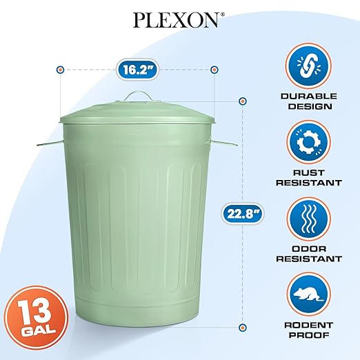 Plexon Round Trash Can 13 Gallon, Vintage Metal Outdoor Trash Can with Lid, Retro Farmhouse Garbage Container, Old School Modern Ash Bucket, Green