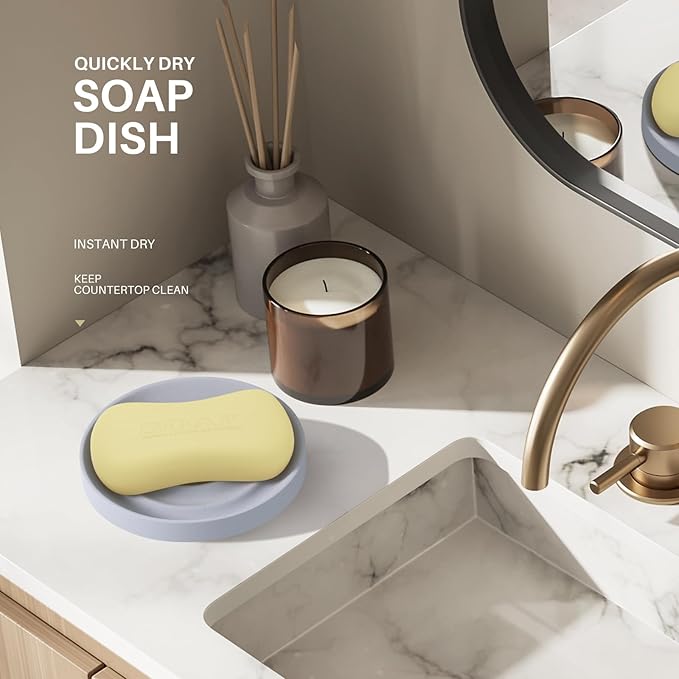 Diatomite Soap Dish, 2 Pack Water Absorbent Stone Soap Dish Holder, Quick Dry Diatomaceous Earth Bath Tray for Hand Soap, Bar Soap, Kitchen Sponge, Gray