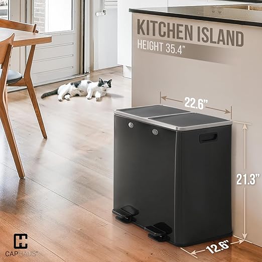 CAPHAUS Black Dual Trash Can w/Double Lid, Trash & Recycle Bins Combo, Hands-Free Stainless-Steel Garbage Can for Kitchen, with 2 Compartment, Hinged Lid, Odor Filters, Handles, 25L+25L, 2 x 6.6 Gal