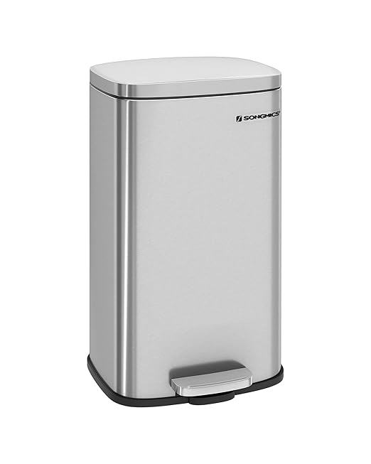 SONGMICS Trash Can with Lid, 8 Gallon Garbage Can, Stainless Steel Small Waste Bin with Step Pedal and Inner Bucket, Soft Close, Kitchen, Silver ULTB03NL