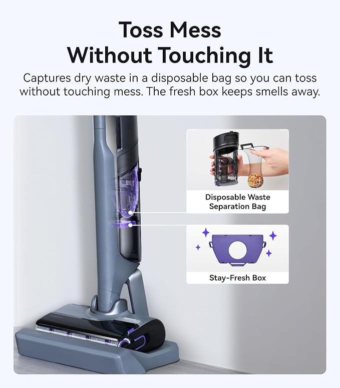 NARWAL S30 Pro Wet Dry Vacuum Cleaner with 20000Pa Suction, Cordless Vacuum Mop for Hard Floors, Tangle-Free Hair-Cutting, 180° Lie Flat, 194°F Self-Cleaning, Disposable Waste Bag, Edge Cleaning