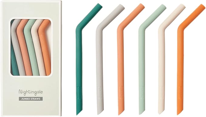 Nightingale Silicone Smoothie Straws - Flexible, Reusable Wide Drinking Straw with Cleaning Brush -Compatible w/Stanley 30oz - Bendy Boba Straws- Food-Safe, No BPA, Dishwasher Safe - Set of 6