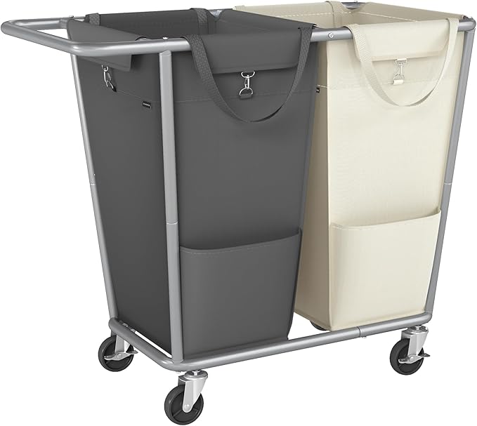 SONGMICS Laundry Basket with Wheels, 50.2 Gallons (190 L), 2-Section Rolling Laundry Hamper with Removable Bags, Heavy-Duty Steel Frame with Handle, Cream White and Dark Gray URLS009X01