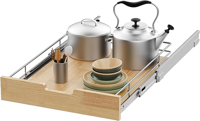 Pull Out Cabinet Organizer,Heavy-Duty Slide Out Shelf, Wood And Wire Basket, Pull Out Drawer for for Kitchen Under Sink Space, Pantry, Bathroom (14 * 21 WM)