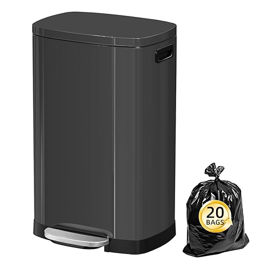 13 Gallon Trash Can with Lid, 50L Fingerprint Proof Stainless Steel Kitchen Trash Can with Removable Inner Bucket and Lid Soft Close, Pedal Rubbish Bin for Home Office, Titanium Black