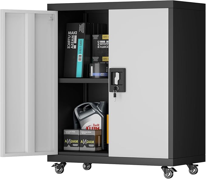 Metal Storage Cabinet with Wheels, Steel Mobile Garage Cabinets with Lockable Door and Adjustable Shelf, Metal Rolling Tool Cabinet, Utility Cabinet for Home, Office, Black+Gray