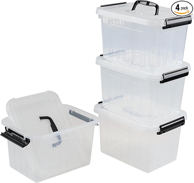 4 Packs Plastic Stackable Storage Container Bin with Lid and Latch, Plastic Latching Box with Handle, 5 L