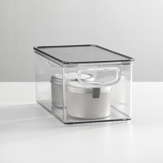 mDesign Plastic Deep Storage Bin Box Container with Lid and Built-In Handles - Organization for Fruit, Snacks, or Food in Kitchen Pantry, Cabinet, Cupboard, Ligne Collection, 6 Pack, Clear/Smoke Gray