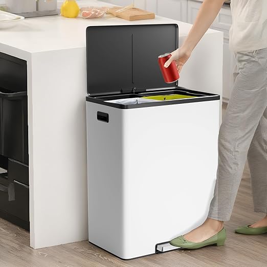 GarveeHome Step Dual Trash Can, 60L/16 Gallon Recycle Bins with Lid, 2 Removable Wastebusket, Step Pedal, Large Stainless Steel Double Trash Bin for Kitchen, Bathroom