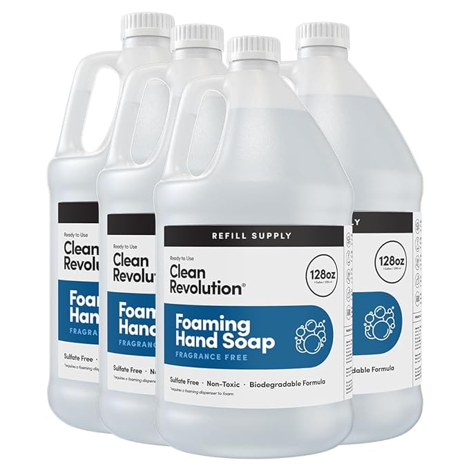 Clean Revolution Foaming Hand Soap Refill Supply Container, Ready to Use Formula, Gluten Free, Unscented and Fragrance Free, 128 Fl. Oz, 4 Pack