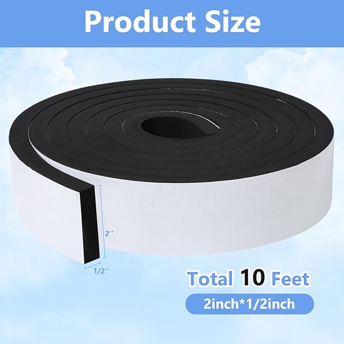 Weather Stripping Door Seal Strip- 2 Inch X 1/2 Inch X 10Feet, Strong Adhesive, Lightproof, Soundproof, Weatherproof Foam Tape Insulation for Sliding Door, Front Door Frame, Windows- Black