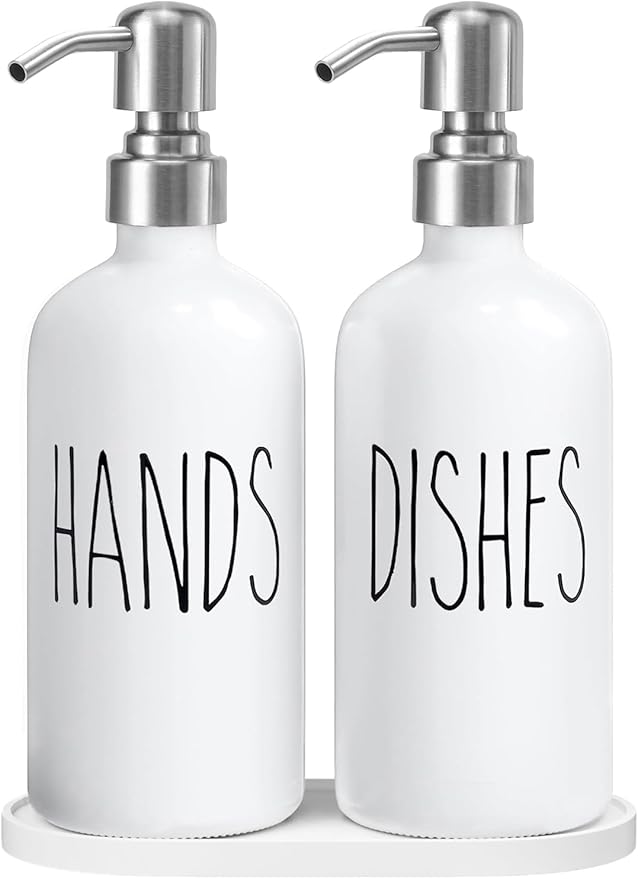 MOMEEMO Soap Dispenser for Kitchen Sink, White Soap Dispenser with Silver Metal Pump, Suitable for Kitchen Decor and Accessories. (White & Silver)