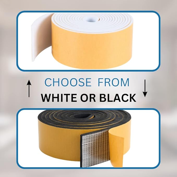 High Density Foam Weather Stripping Door Seal Strip Insulation Tape Roll for Insulating Door Frame, Window, Air Conditioner | Self Adhesive Sealing Weatherstrip (3 in x 1/4 in x 10 Ft, Black)