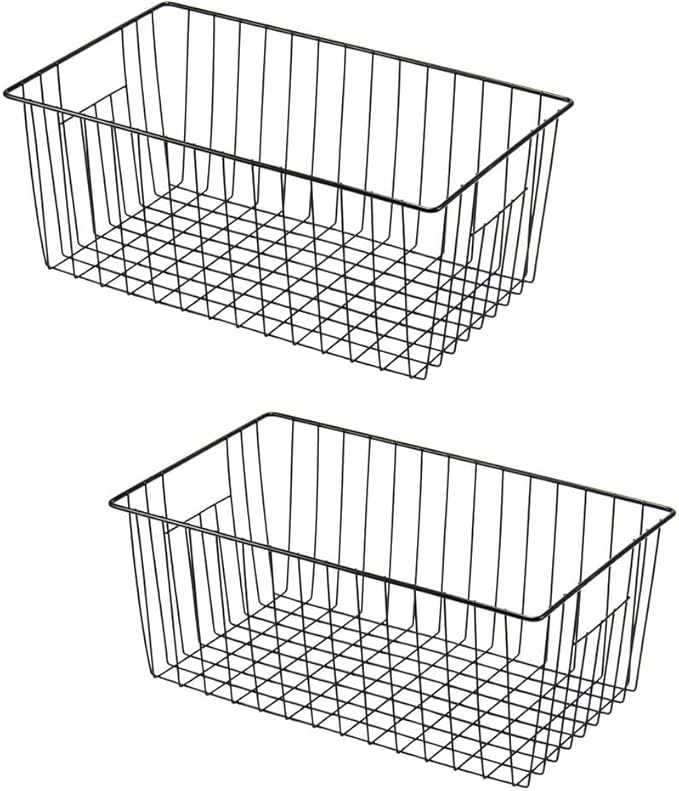 16" L x 12" W Wider Freezer Storage Organizer Baskets Container, Deep Metal Wire Chest Upright Refrigerator Divider Bins with Built-in Handles for Cabinet, Pantry, Closet, Kitchen, Black