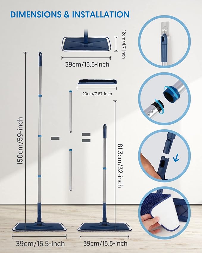 Microfiber Mops for Floor Cleaning - BPAWA Flat Floor Mop Wet Dry Use for Hardwood Floors Laminate Wood Tile Vinyl Wall Hard Surface, Bathroom Kitchen Dust Mop with 4 Reusable Washable Chenille Pads