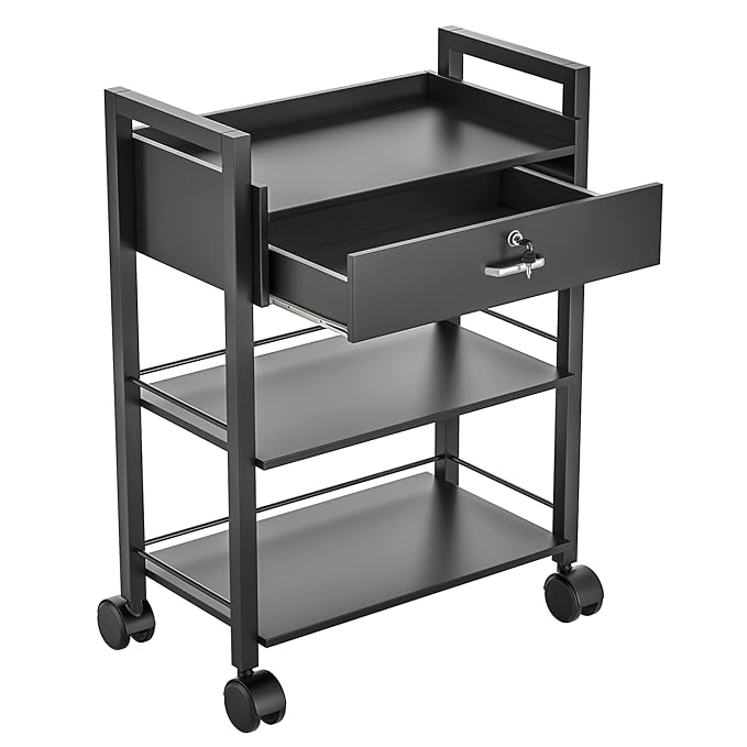 Paddie Salon Trolley Cart, Salon Tray Wooden Mobile Utility Cabinet with 1 Drawer 2 Trays, Rolling Storage Station Medical Esthetic Supply Holder for Beauty Spa (1 Drawer, Black)