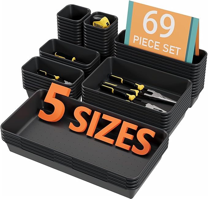 69PCS Large Plastic Interlocking Drawer Organizer, 5 Sizes Versatile Desk Drawer Organizer Trays, Drawer Dividers, Organization and Storage Bins for Tools,Office,Jewelries,Kitchen Utensils and Makeup